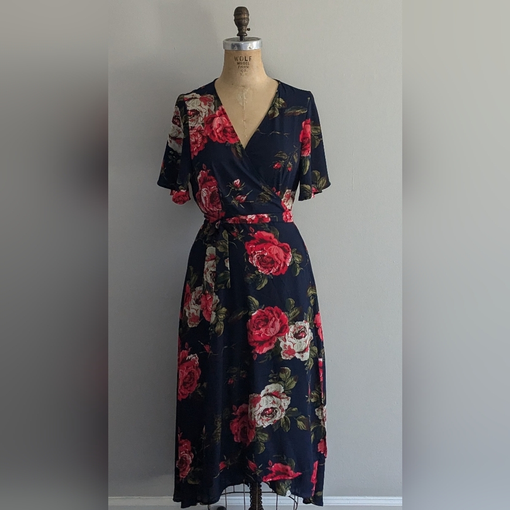 Navy Blue Floral Wedding Guest Midi Wrap Dress
